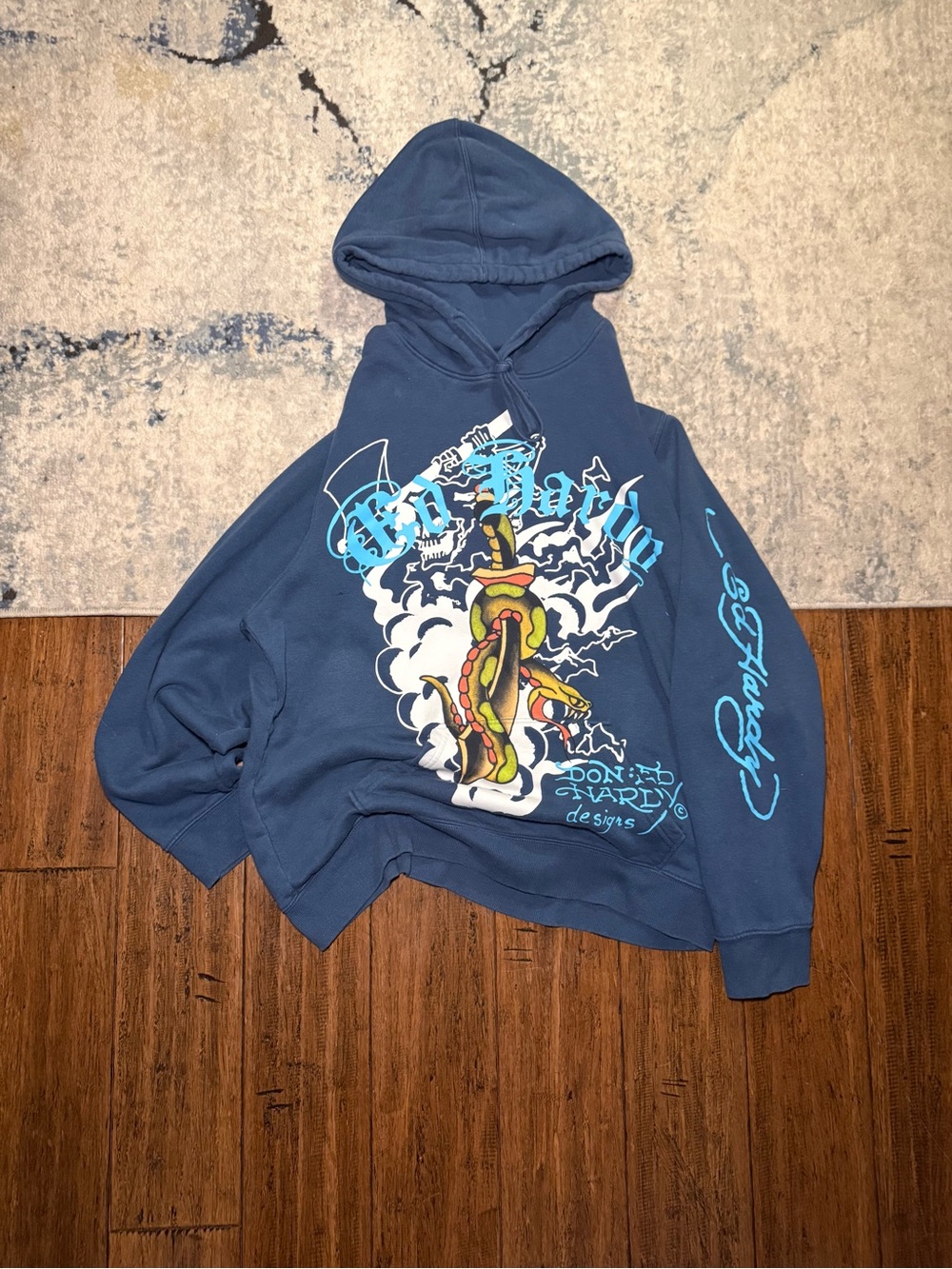 Don Ed Hardy Designs Tattoo Graphic Hoodie Blue Size Large